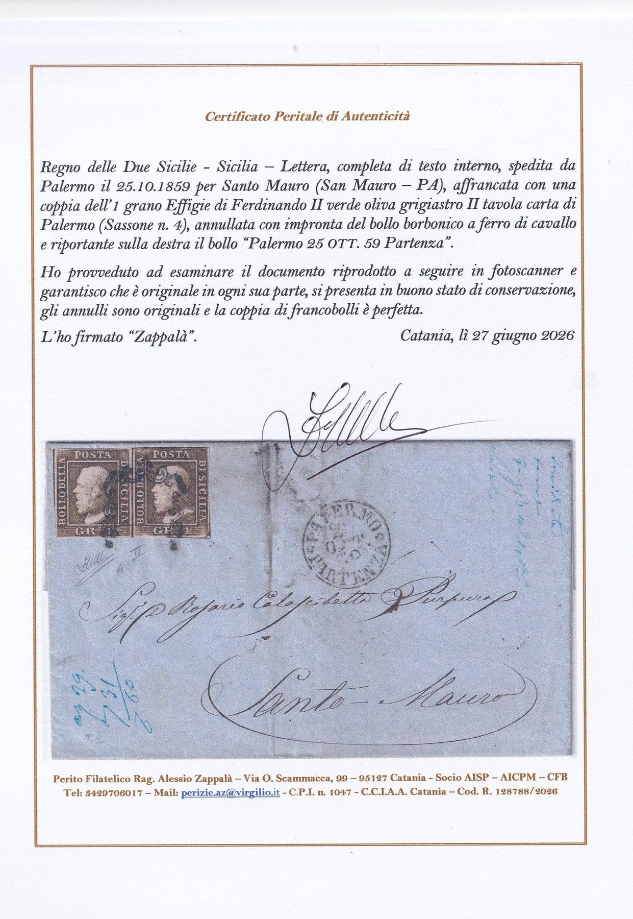 1859 Sicilia - Coppia francobolli da 1 grana su lettera da Palermo a Santo Mauro certificata Zappalà
