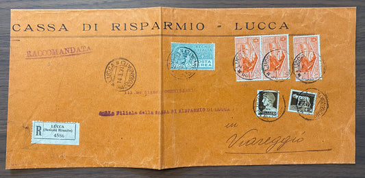 1931 Regno d'Italia busta da Lucca a Viareggio con francobolli 5 l. Posta Aerea e 20 c. serie Nascita di Virgilio