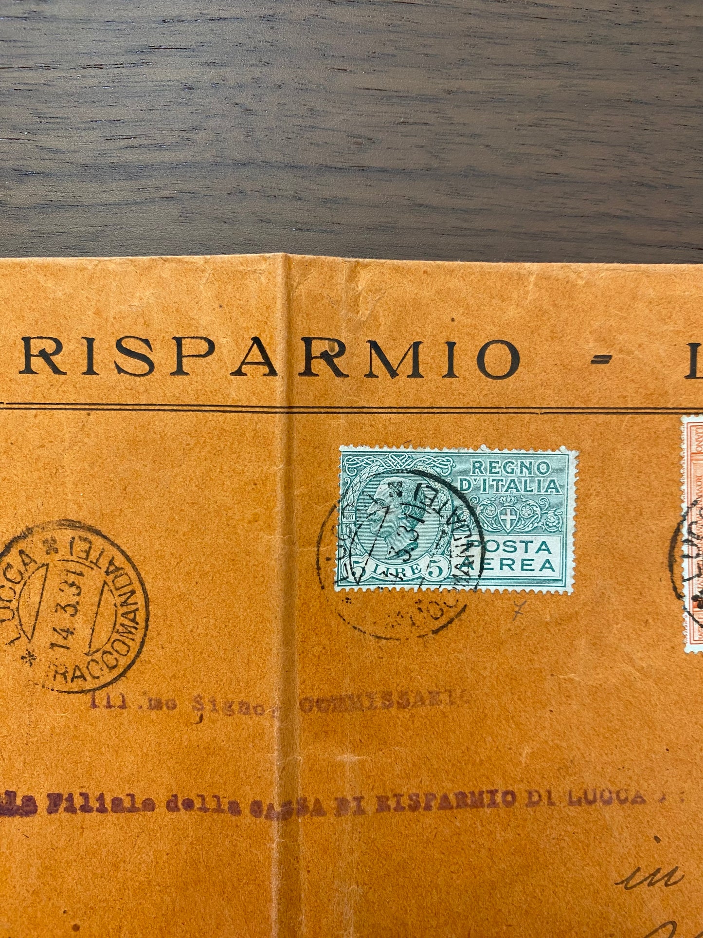 1931 Regno d'Italia busta da Lucca a Viareggio con francobolli 5 l. Posta Aerea e 20 c. serie Nascita di Virgilio