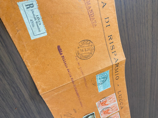 1931 Regno d'Italia busta da Lucca a Viareggio con francobolli 5 l. Posta Aerea e 20 c. serie Nascita di Virgilio
