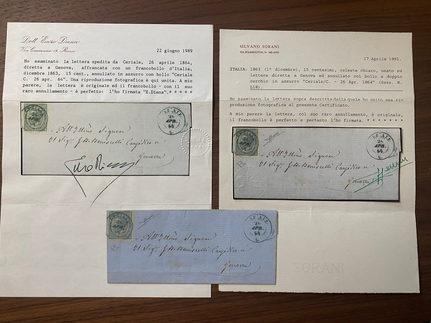 1864 Regno d'Italia - Francobollo 15 c. De La Rue su piego con raro annullo di Ceriale azzurro
