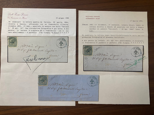 1864 Regno d'Italia - Francobollo 15 c. De La Rue su piego con raro annullo di Ceriale azzurro