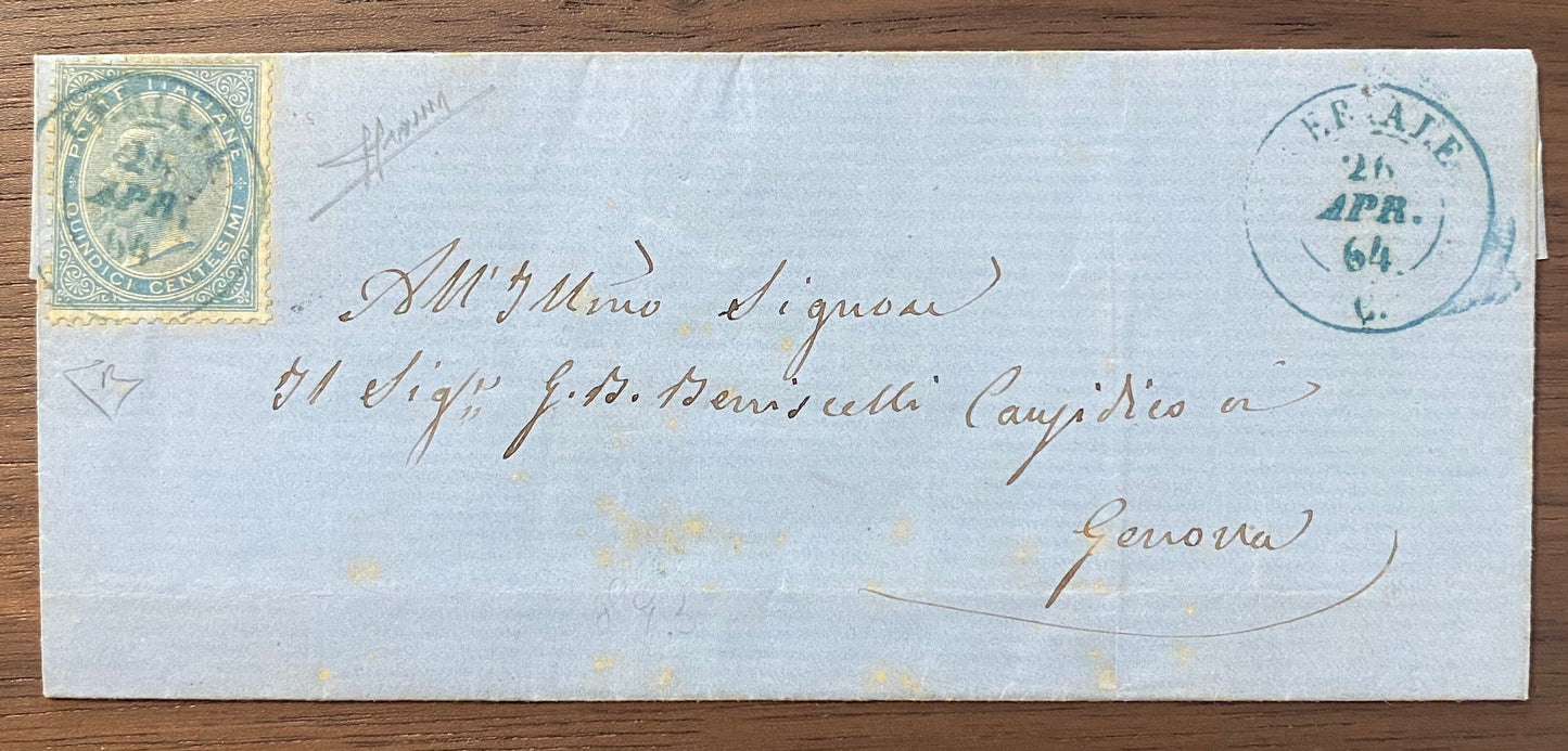 1864 Regno d'Italia - Francobollo 15 c. De La Rue su piego con raro annullo di Ceriale azzurro