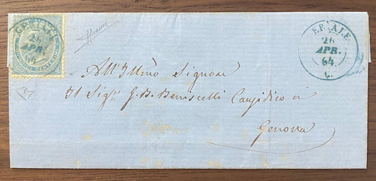 1864 Regno d'Italia - Francobollo 15 c. De La Rue su piego con raro annullo di Ceriale azzurro