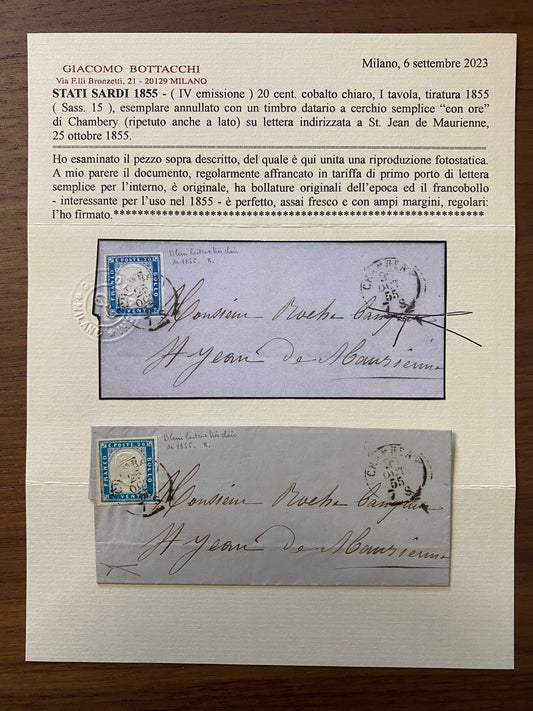 1855 Regno di Sardegna - Piego da Chambery a St. Jean de Maurienne con 20 c. cobalto chiaro Sassone 15 tinta base