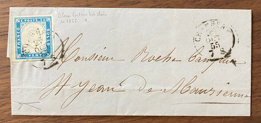 1855 Regno di Sardegna - Piego da Chambery a St. Jean de Maurienne con 20 c. cobalto chiaro Sassone 15 tinta base