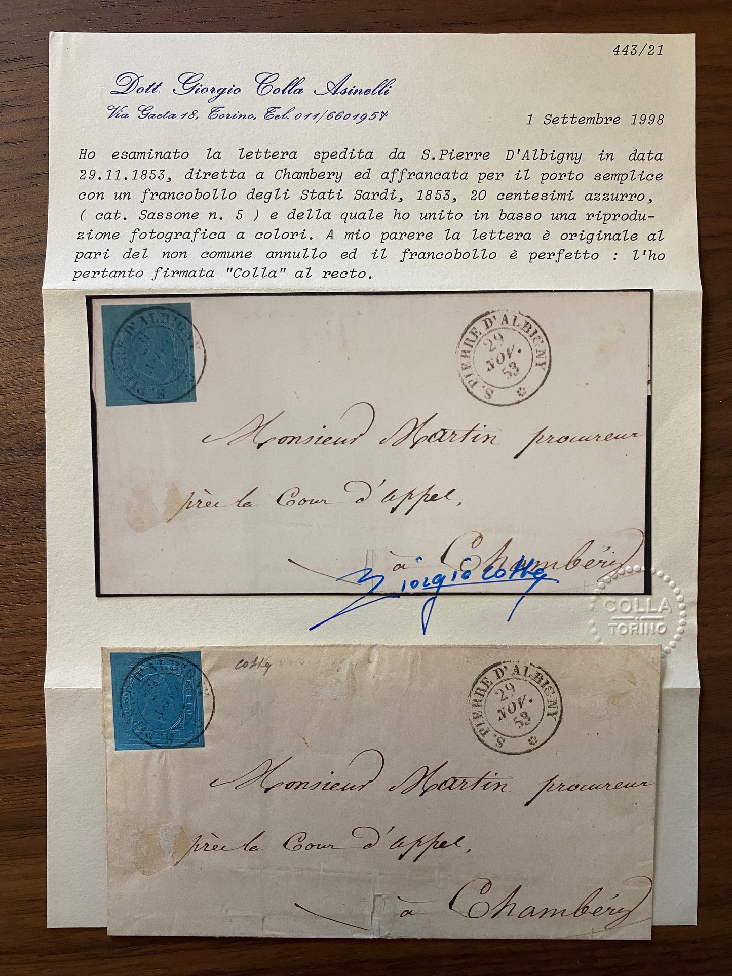 1853 Regno di Sardegna - Piego da S. Pierre d'Albigny a Chambery con francobollo da 20 c. II emissione