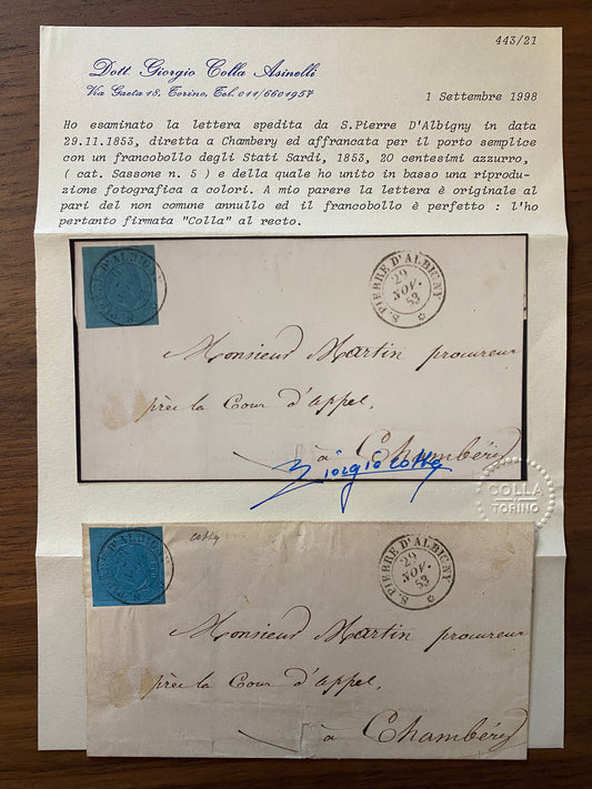1853 Regno di Sardegna - Piego da S. Pierre d'Albigny a Chambery con francobollo da 20 c. II emissione