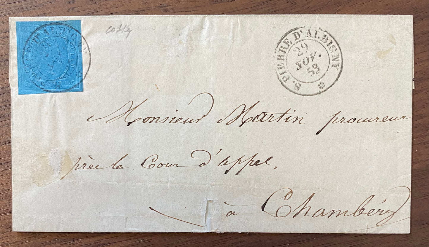 1853 Regno di Sardegna - Piego da S. Pierre d'Albigny a Chambery con francobollo da 20 c. II emissione