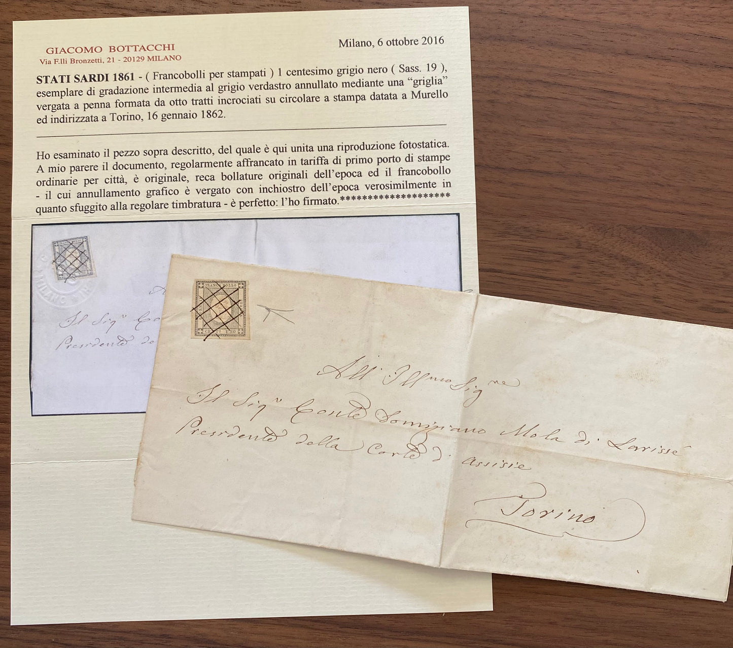 1862 Regno di Sardegna - Circolare a stampa con francobollo da 1 c. per stampati annullo a penna