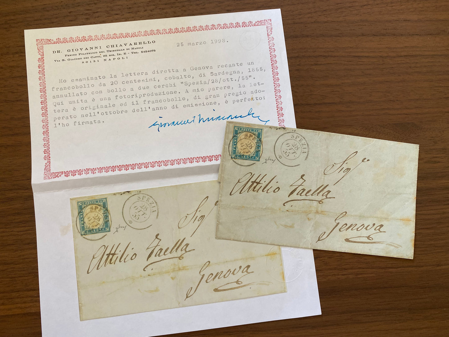 1855 Regno di Sardegna - Piego da Spezia a Genova con francobollo da 20 cent. cobalto Sassone 15
