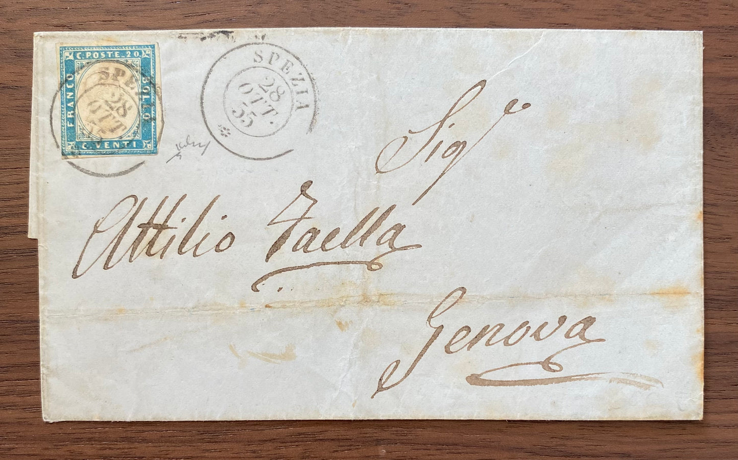 1855 Regno di Sardegna - Piego da Spezia a Genova con francobollo da 20 cent. cobalto Sassone 15
