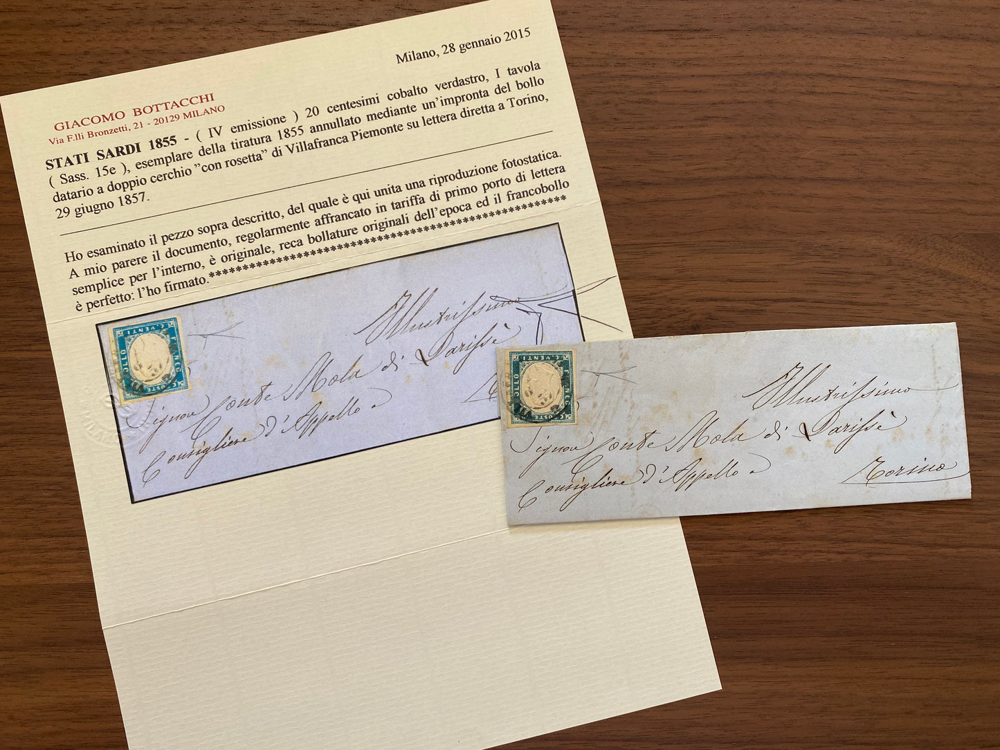 1857 Regno di Sardegna - Piego da Villafranca Piemonte a Torino con francobollo da 20 c. Sassone 15e