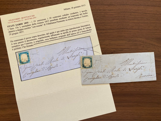 1857 Regno di Sardegna - Piego da Villafranca Piemonte a Torino con francobollo da 20 c. Sassone 15e