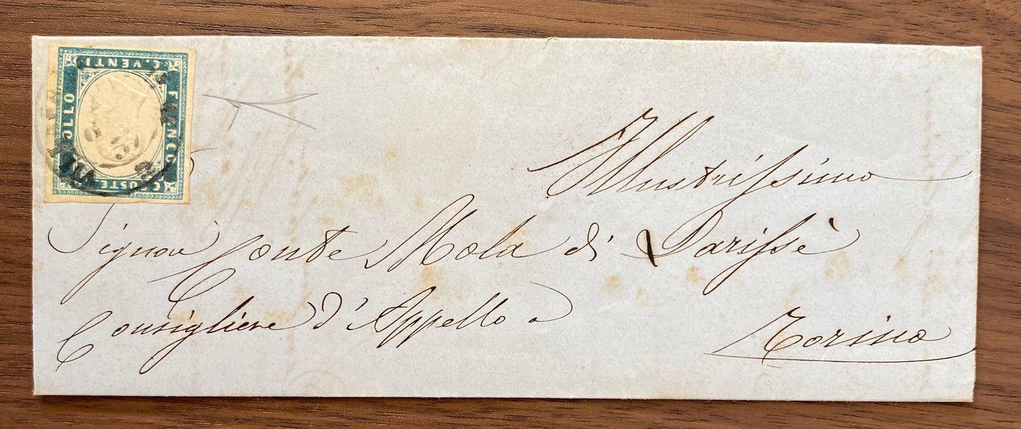 1857 Regno di Sardegna - Piego da Villafranca Piemonte a Torino con francobollo da 20 c. Sassone 15e