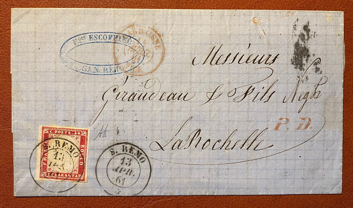 1861 Regno di Sardegna - Francobollo da 40 cent. IV emissione su piego da S. Remo a La Rochelle