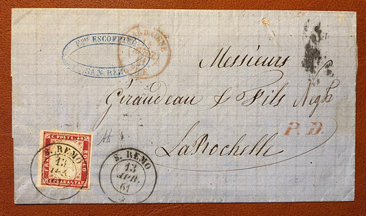 1861 Regno di Sardegna - Francobollo da 40 cent. IV emissione su piego da S. Remo a La Rochelle