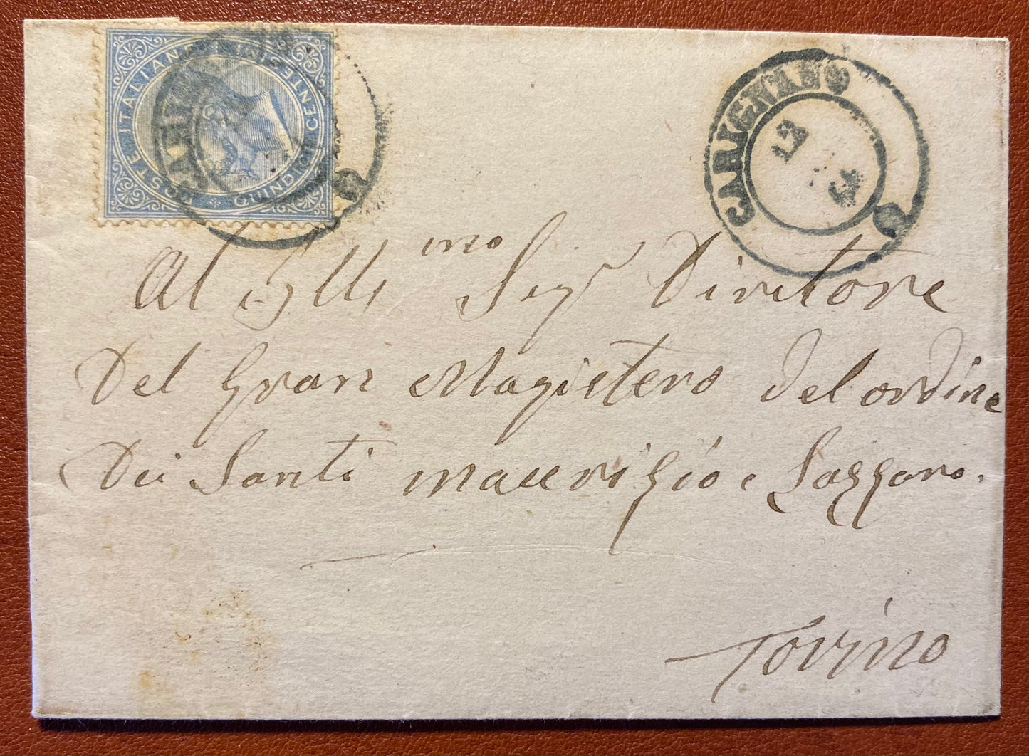 1864 Regno d'Italia - Piego con francobollo 15 c. De La Rue e raro annullo di Carignano
