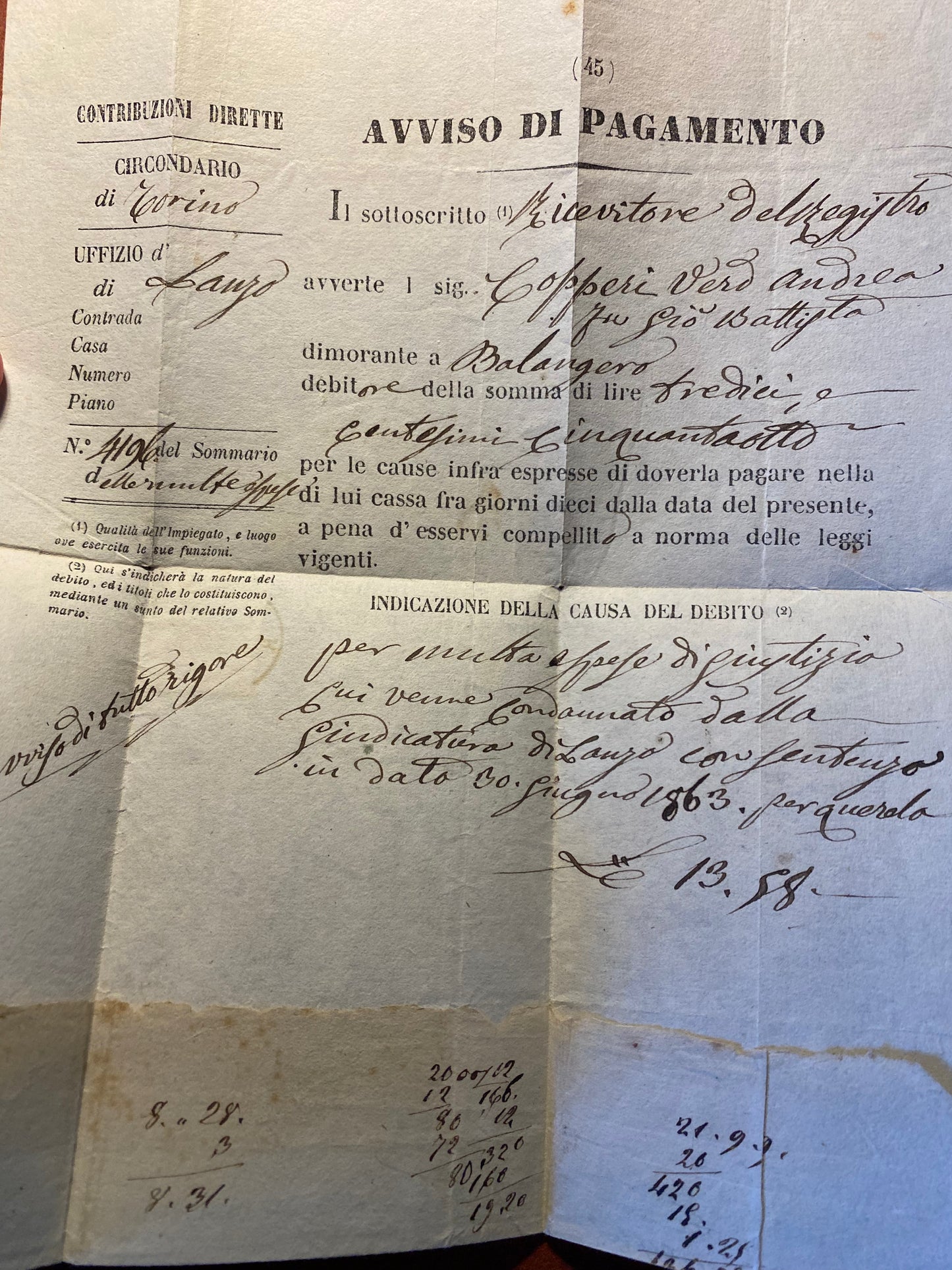1863 Regno d'Italia - Piego con Segnatasse 10 c. e annullo raro di BALANGERO