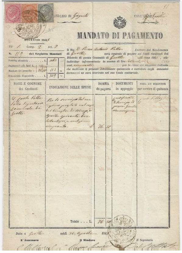 1863 Regno d'Italia - Uso fiscale De La Rue su ricevuta annullo Grotte Girgenti