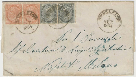 Regno d'Italia - Coppie 5 e 10 cent. De La Rue 1863 su piego con annullo Melfi