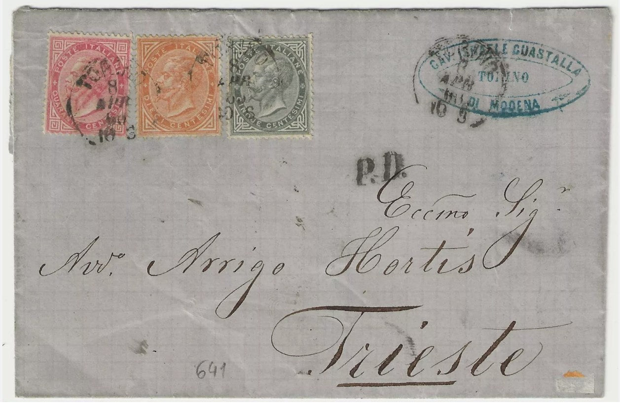 1863 Regno d'Italia - Affrancatura tricolore De La Rue 5, 10 e 40 cent. su piego