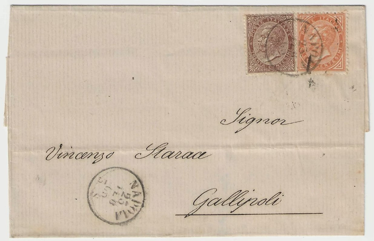 1863 Regno d'Italia - Affrancatura bicolore De La Rue 10 e 30 cent. su piego