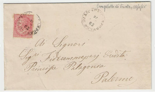 1865 Regno - 40 cent. Torino isolato su piego annullo Campobello di Licata