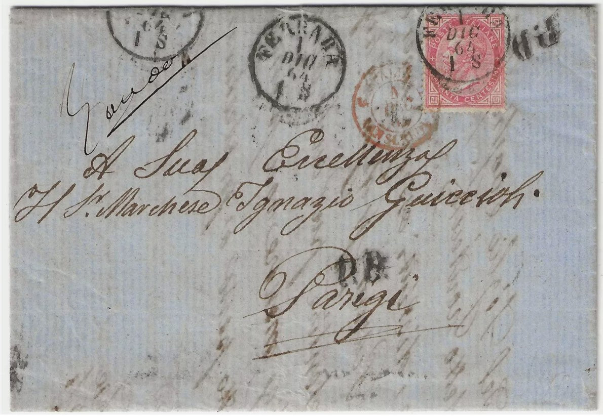 1863 Regno d'Italia - 40 c. rosa carminio De La Rue su lettera per Parigi