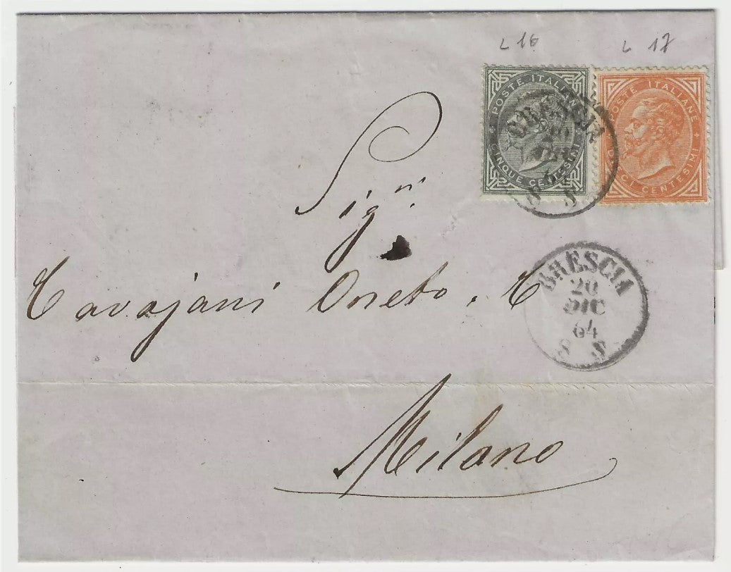 1863 Regno d'Italia - 5 + 10 cent. De La Rue Londra su piego per Milano