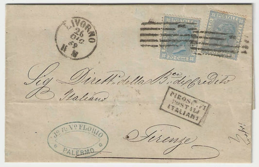 1867 Regno - Coppia 20 c. effigie con annullo Piroscafi Postali Italiani