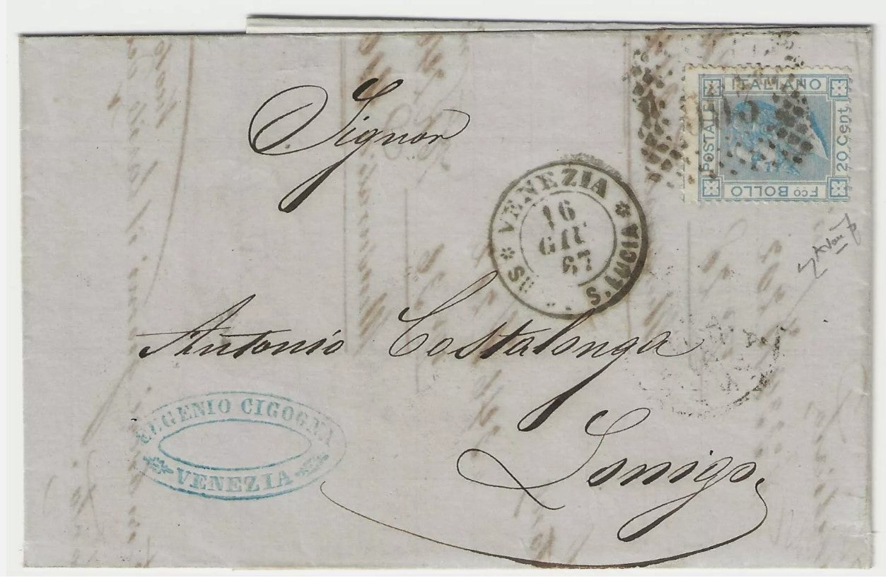 1867 Regno - 20 c. De La Rue con varietà dentellatura spostata su lettera