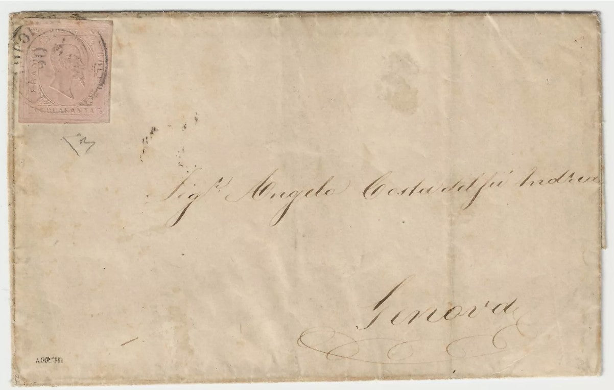 1853 Antichi Stati Sardegna - 40 c. rosa chiaro II emissione raro su lettera