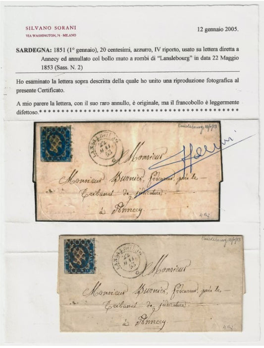 1851 Antichi Stati Sardegna - 20 c. azzurro I emissione con annullo Lanslebourg