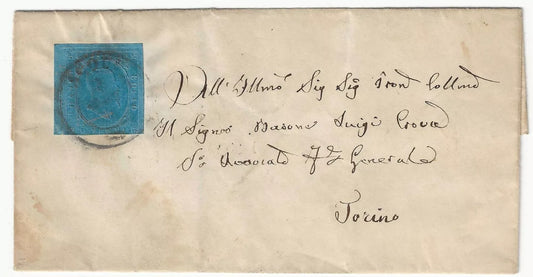 1853 Sardegna - 20 c. azzurro II emissione su lettera con annullo di Acqui