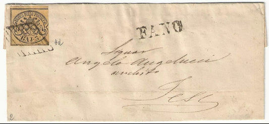 1852 Antichi Stati (Pontificio) - 3 baj. giallo paglia su lettera annullo Fano