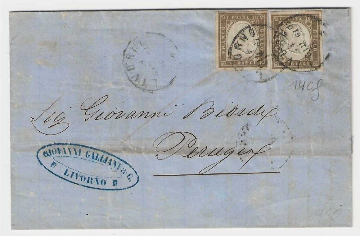 1861 Antichi Stati Sardegna - Coppia 10 c. bistro grigio scuro su lettera