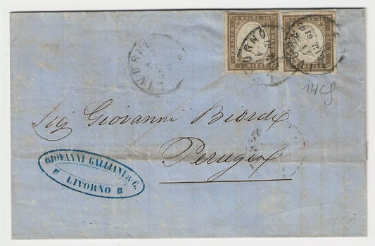 1861 Antichi Stati Sardegna - Coppia 10 c. bistro grigio scuro su lettera