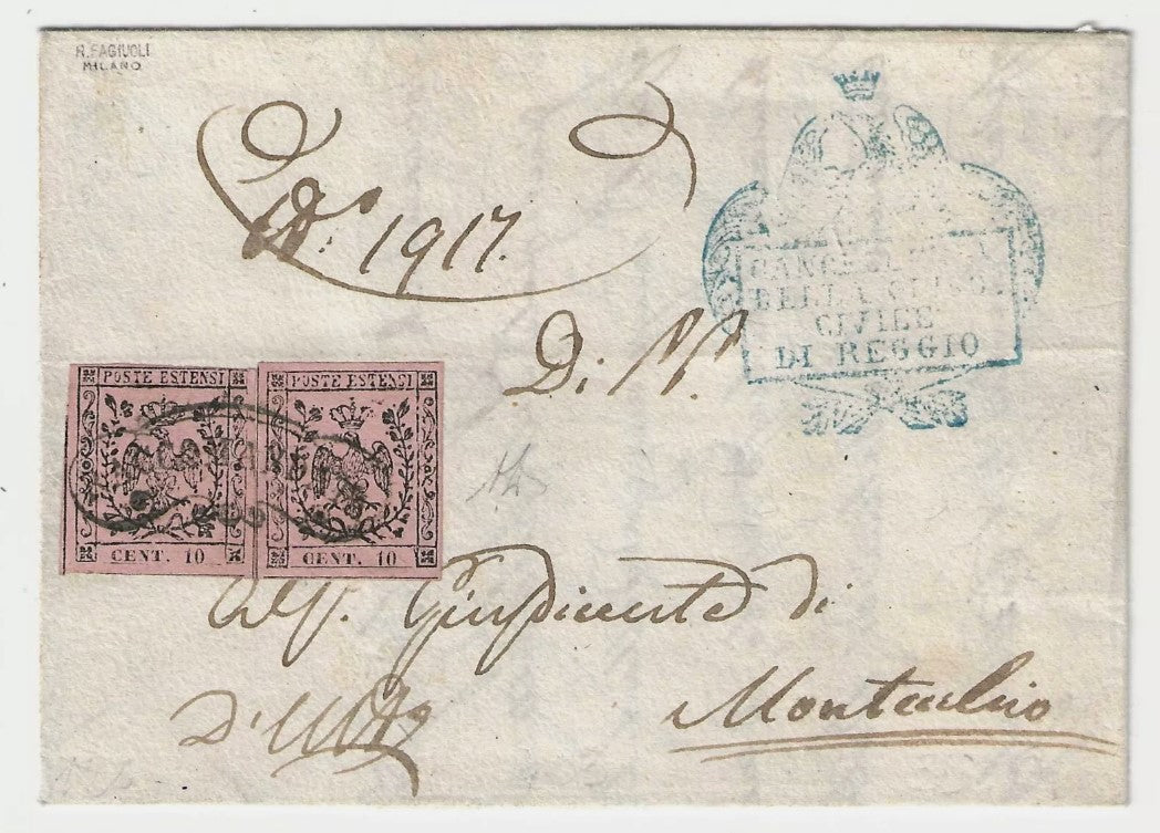 1852 Modena - Frontespizio con coppia 10 cent. e annullo curvilineo raccomandata