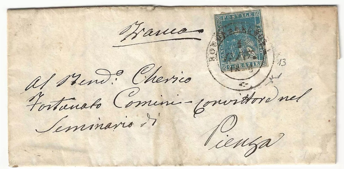 1857 ASI (Toscana) - 2 cr. azzurro carta bianca su lettera annullo Rocca Albegna