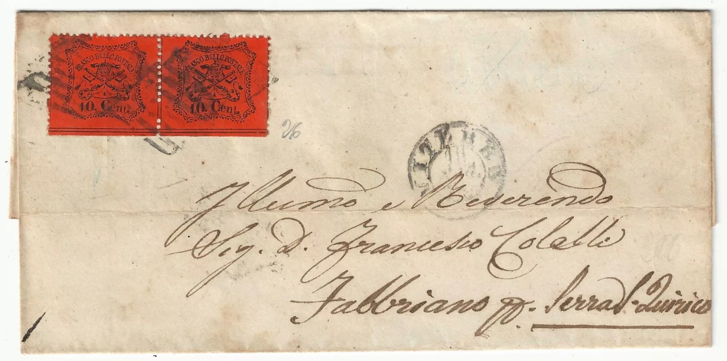 1868 Pontificio - Coppia 10 c. arancio vermiglio su piego con annullo Viterbo