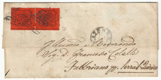 1868 Pontificio - Coppia 10 c. arancio vermiglio su piego con annullo Viterbo