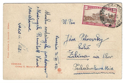 1924 Regno d'Italia Cartolina con francobollo 60 c. Anno Santo 1925 diretta in Cecoslovacchia