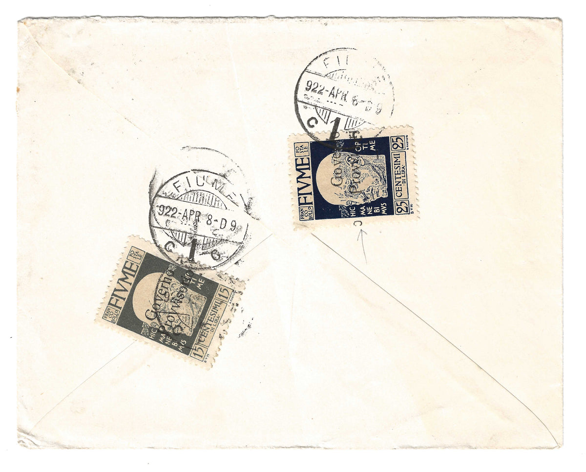 1921 Fiume - Busta per Lugano con francobolli da 15 e 25 c. Governo Provvisorio D'Annunzio