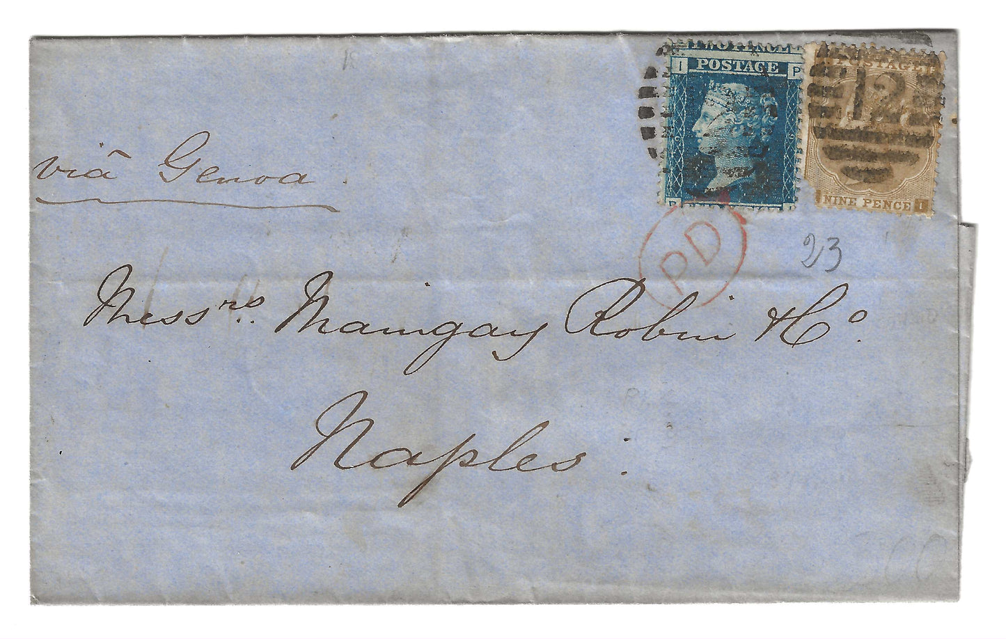1862 Gran Bretagna - Piego di lettera con francobollo da 9 p. giallo lettere piccole per Napoli via Genova