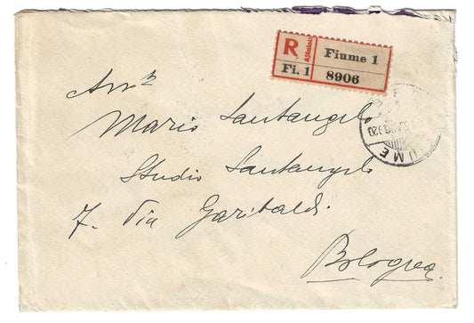 1920 Fiume - Lettera per Bologna con francobolli Valore Globale 15 + 20 c. e 80 c.