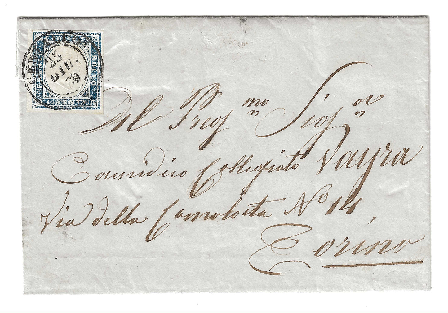 1860 Regno di Sardegna - Piego di lettera da CENTALLO a Torino con 20 c. IV emissione
