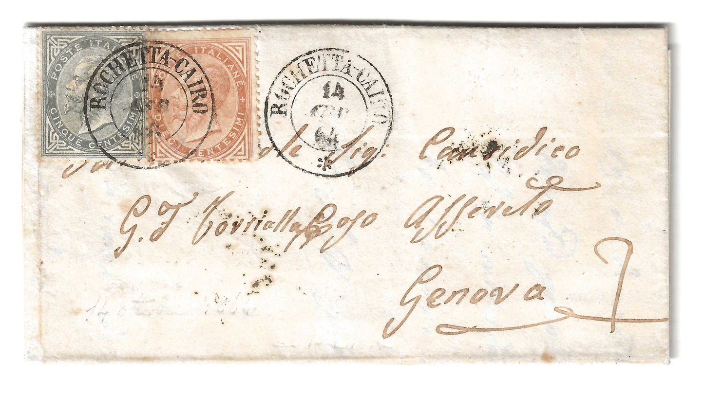 1864 Regno d'Italia - Lettera da ROCCHETTA-CAIRO a Genova con francobolli da 5 e 10 c. De La Rue