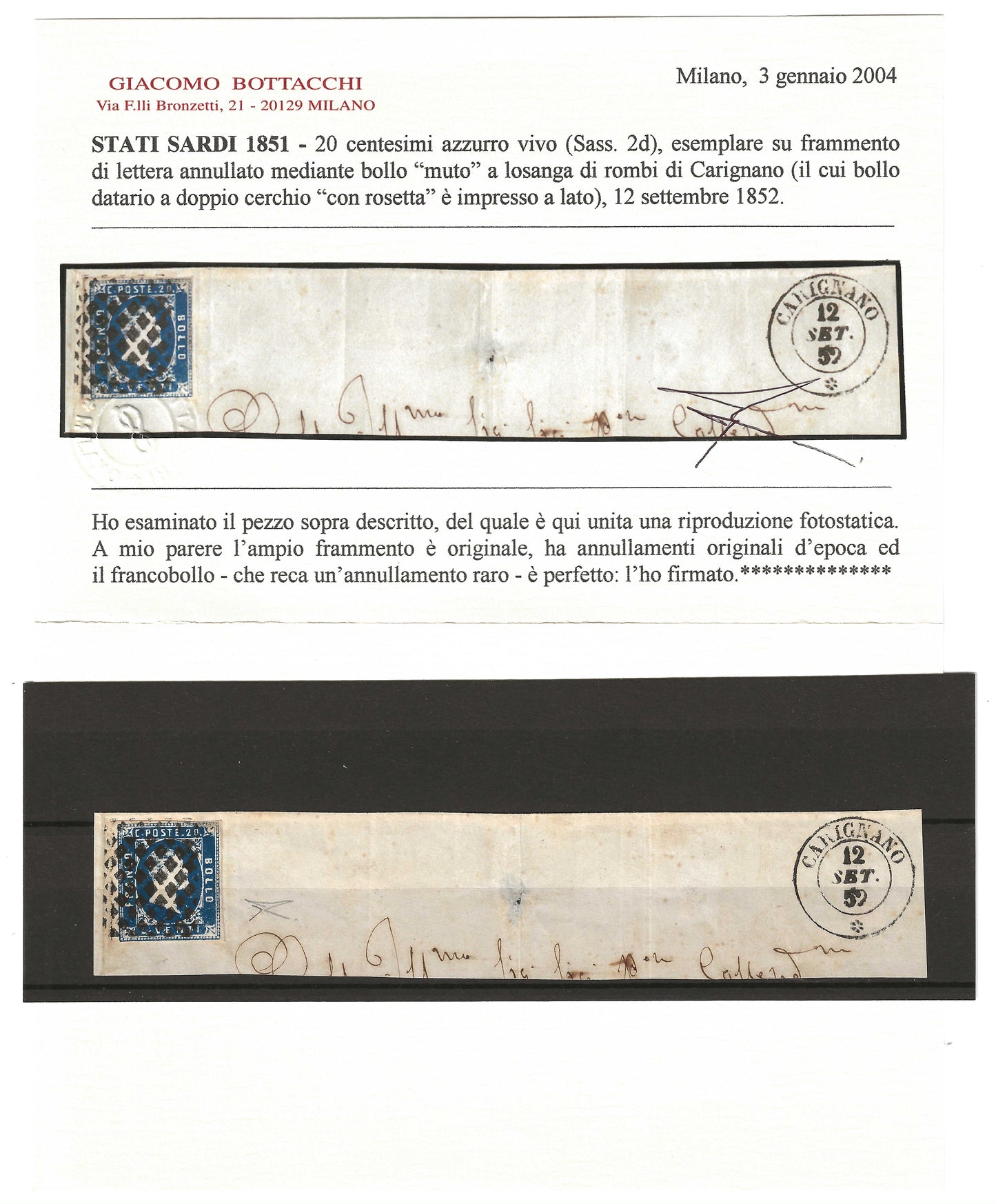 1851 Regno di Sardegna - Grande frammento annullo raro di CARIGNANO con francobollo da 20 c. azzurro