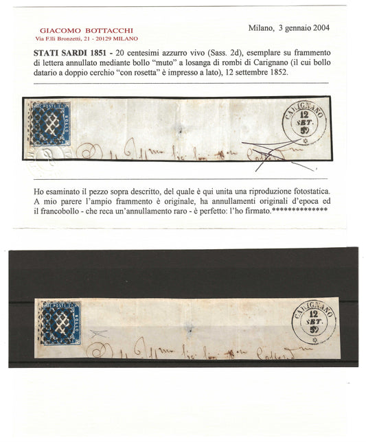 1851 Regno di Sardegna - Grande frammento annullo raro di CARIGNANO con francobollo da 20 c. azzurro